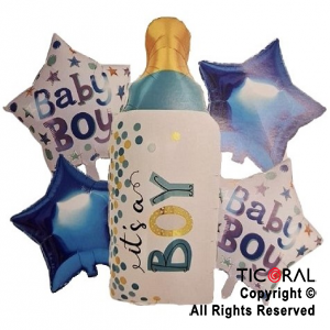 SET DE GLOBOS METALIZADO BABY BOY MAMADERA CELESTE 5 UNIDADES X 1